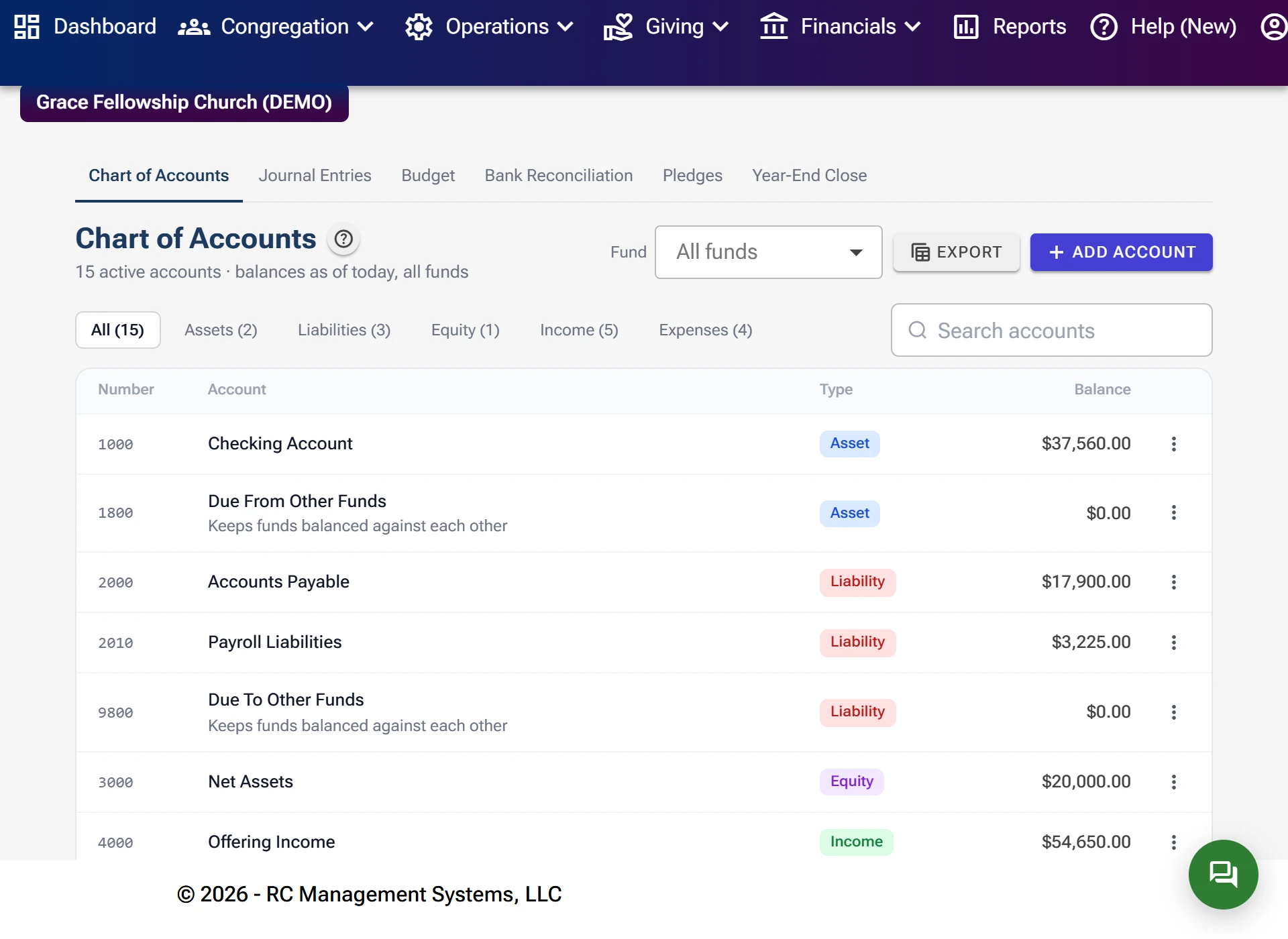 The Chart of Accounts with account types and balances, plus links to the other finance pages