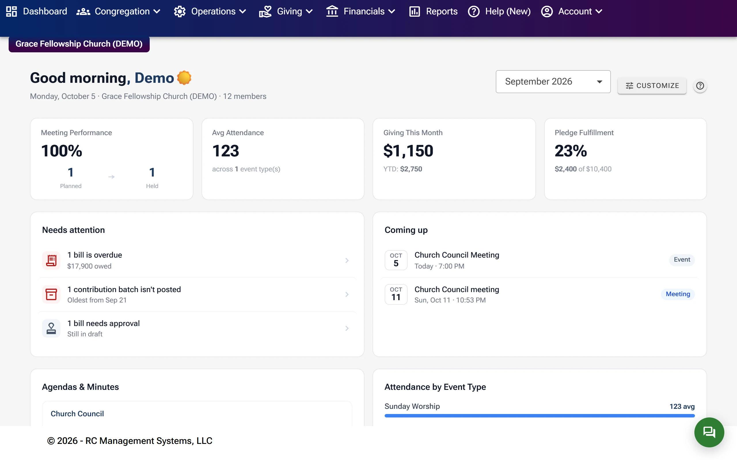 The RC Management dashboard with number cards, a Needs attention list, and upcoming meetings