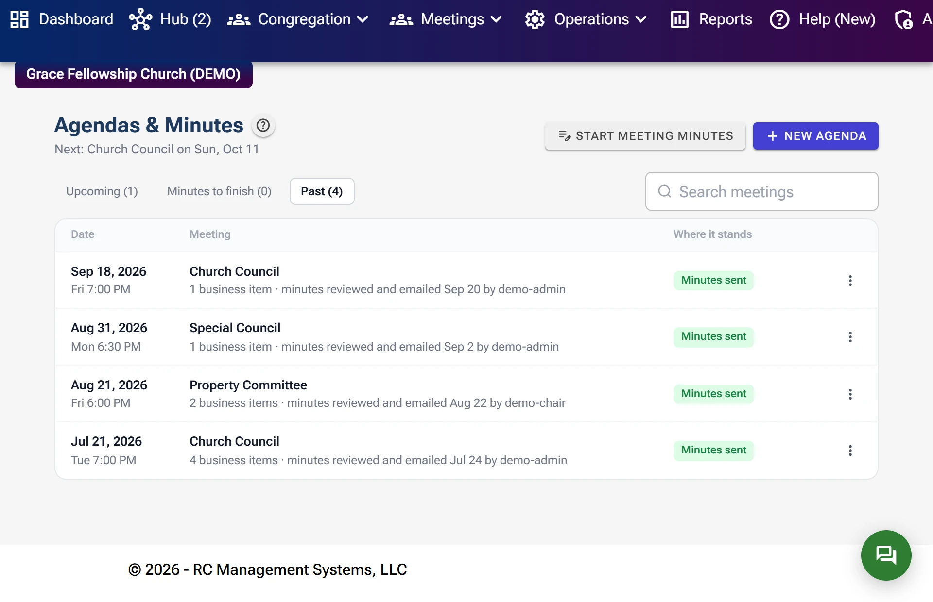 The Agendas and Minutes page listing past meetings, each marked Minutes sent